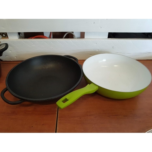 131 - Collection of Large Tefal, Cast Iron, Stainless Steel Cooking Pots, Pans, Wok etc (8pcs)