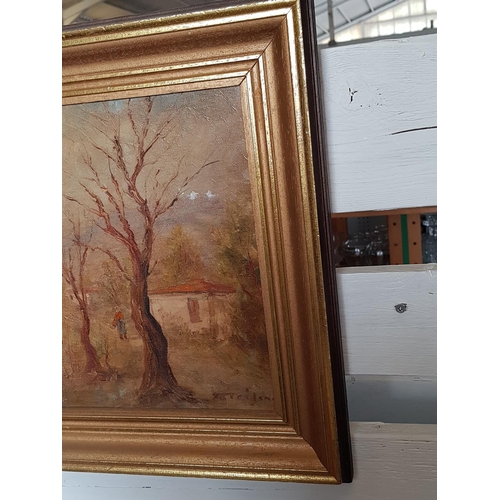 170 - Village in Woodlands in Autumn Vintage Oil on Board Signed by Artist in Gilded Frame (34.5 x 41.5cm)