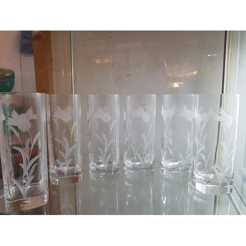 185 - Set of 6 x Crystal Cut Glasses - Thistle Engraved (Water / Long Dring Glasses)