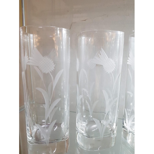 185 - Set of 6 x Crystal Cut Glasses - Thistle Engraved (Water / Long Dring Glasses)