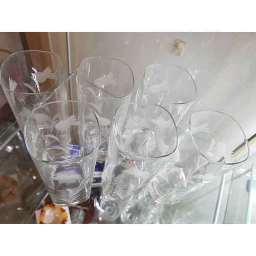 185 - Set of 6 x Crystal Cut Glasses - Thistle Engraved (Water / Long Dring Glasses)