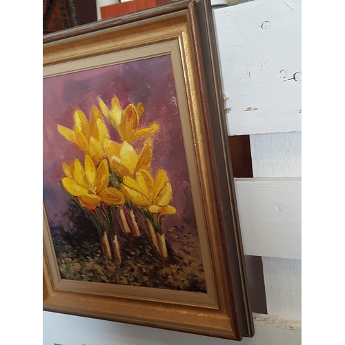 186 - Yellow Spring Crocus Vintage Oil on Board in Gilded Frame Signed by Artist (34 x 38cm)