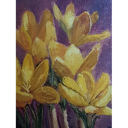 186 - Yellow Spring Crocus Vintage Oil on Board in Gilded Frame Signed by Artist (34 x 38cm)