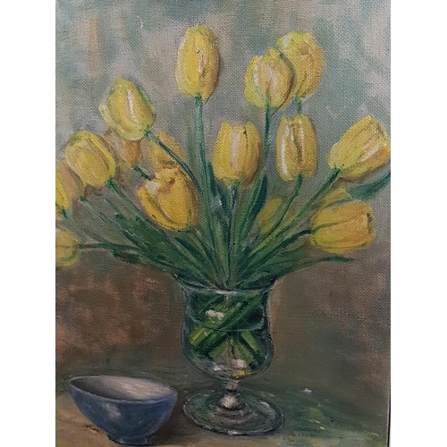 200 - Yellow Tulips in Vase - Floral Still Life Vintage Oil on the Board Framed, Signed by Artist (55 x 66... 