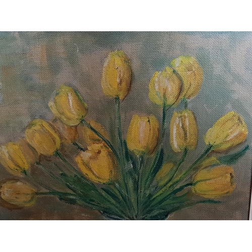 200 - Yellow Tulips in Vase - Floral Still Life Vintage Oil on the Board Framed, Signed by Artist (55 x 66... 