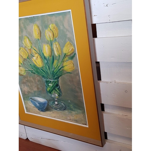 200 - Yellow Tulips in Vase - Floral Still Life Vintage Oil on the Board Framed, Signed by Artist (55 x 66... 