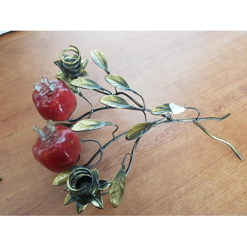 239 - Metal / Glass Art Pair of Brass Effect Candle Holder Decorated with Glass Pomegranate Together with ... 