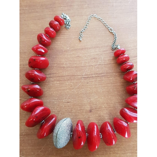 309 - Modern Stylish Costume Jewellery in Red Tone; Stylish Beads Necklace (L:43cm) M&S and Metal Art Larg... 