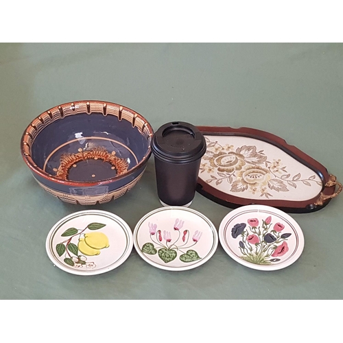 364 - Country Style Kitchenware; Retro Hand Made Embroidery, Tray, 3 x Small Ceramic Floral Pattern, Dishe... 