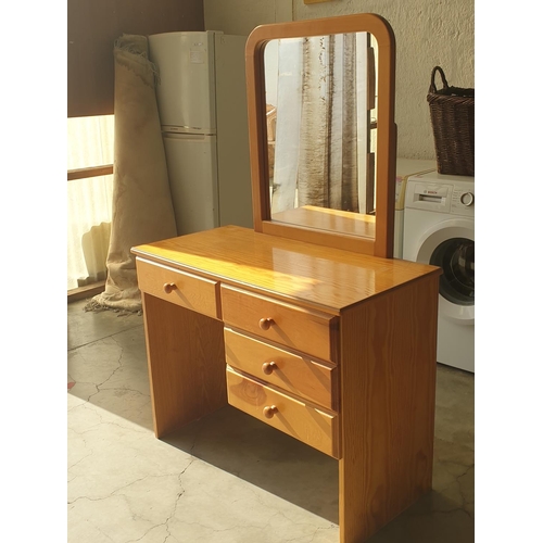 453 - Retro Pine Dressing Table with 4 - Drawers and Mirror (95 x 45 x 74 - 145cm)