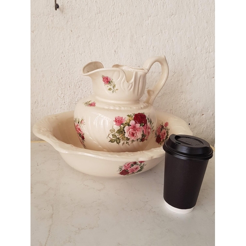 488 - Vintage Style Wash Basin Bowl with Jug (A/F) with Floral Pattern Staffordshire (Bowl 40 x 35cm and J... 