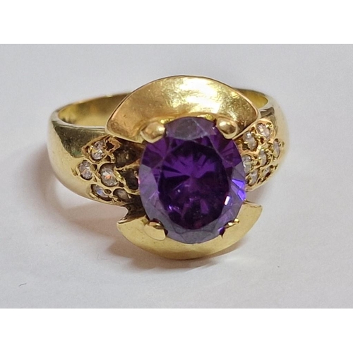 96 - 18ct Gold and Amethyst (?) Ring with Clear Stone Shoulders, (Approx. 7.1g, Size O/P, Purple Stone: 1... 