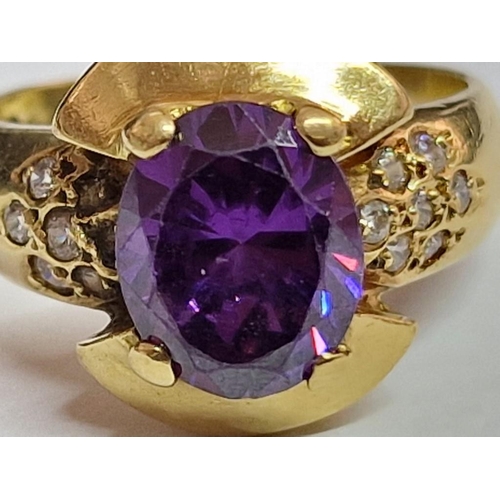 96 - 18ct Gold and Amethyst (?) Ring with Clear Stone Shoulders, (Approx. 7.1g, Size O/P, Purple Stone: 1... 