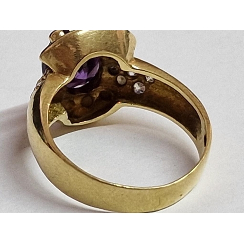 96 - 18ct Gold and Amethyst (?) Ring with Clear Stone Shoulders, (Approx. 7.1g, Size O/P, Purple Stone: 1... 