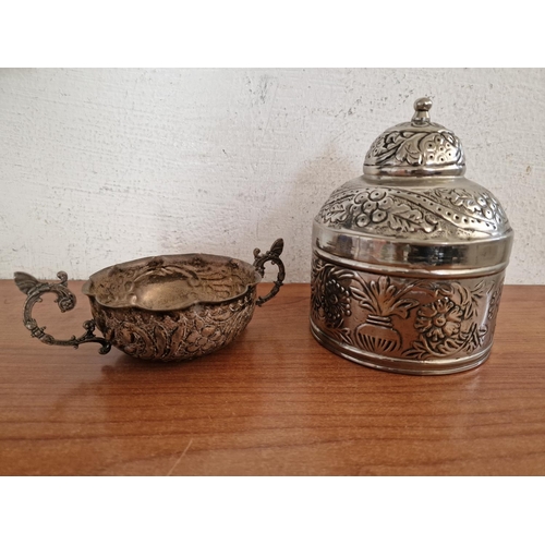 132 - Decorative Silver Plated Twin Handle Bowl (Approx. Ø: 12cm), Together with Lidded Hand Made White Me... 