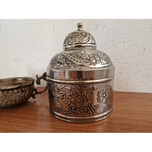 132 - Decorative Silver Plated Twin Handle Bowl (Approx. Ø: 12cm), Together with Lidded Hand Made White Me... 