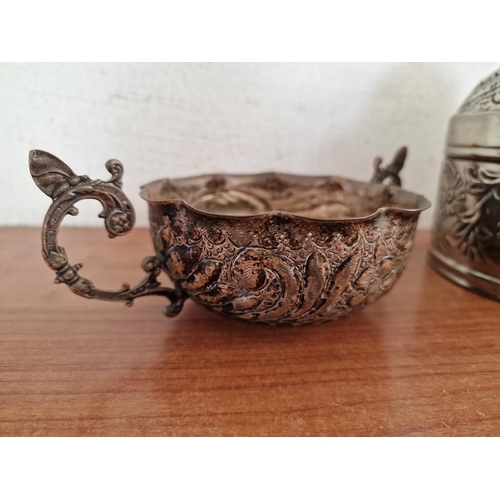 132 - Decorative Silver Plated Twin Handle Bowl (Approx. Ø: 12cm), Together with Lidded Hand Made White Me... 