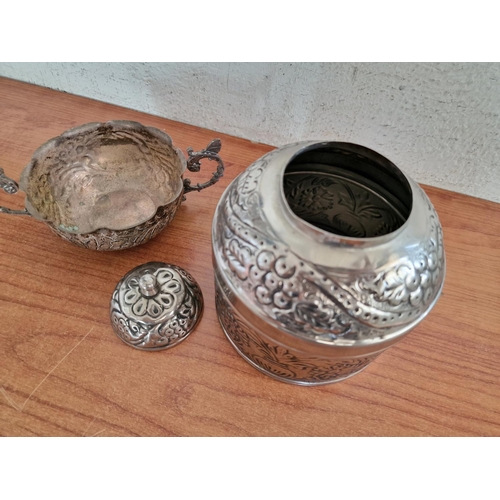 132 - Decorative Silver Plated Twin Handle Bowl (Approx. Ø: 12cm), Together with Lidded Hand Made White Me... 