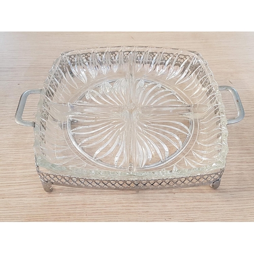 475 - Retro Cut Glass Tableware; Square 4 - Section Snack Dish in Metal Holder (22.5 x 22.5cm) Pedestal Sw... 