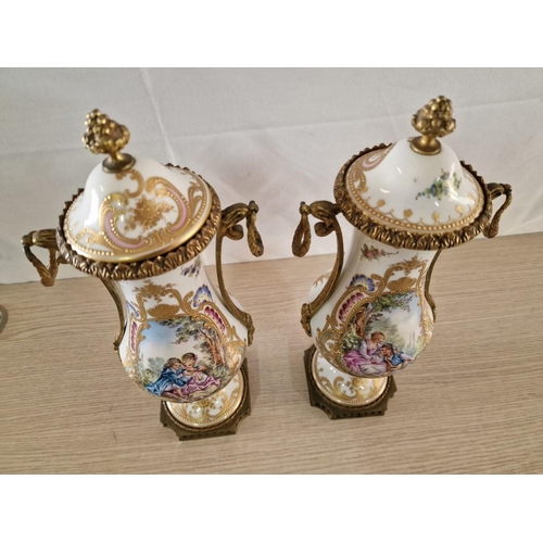 174 - Pair of Antique 'Chateaux de Blois' Ormolu Mounted French Porcelain Urns with Victorian Style Couple... 