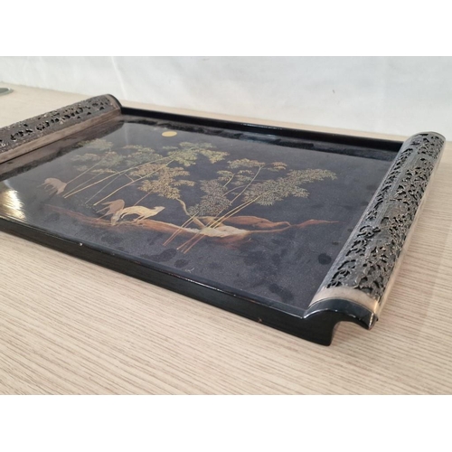 175 - Vintage Oriental Style Tray with Trees & Animals in Moonlight Scene, with Decorative Pierced Metal C... 