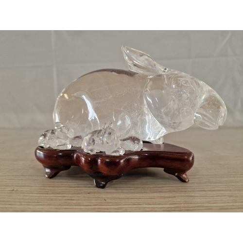 178 - Glass Bunny Rabbit Ornament with 2 Babies, on Fitted Wooden Base