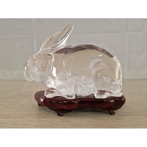 178 - Glass Bunny Rabbit Ornament with 2 Babies, on Fitted Wooden Base