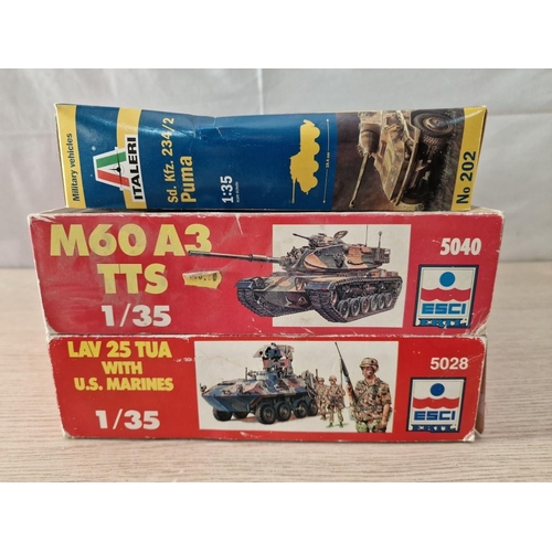 197 - 3 x Scale Model Kits of Tanks; Italeri 1:35 Sd.Kfz.234/2 Puma, ESCI 1:35 M60 A3 TTS and LAV25 TUA, (... 