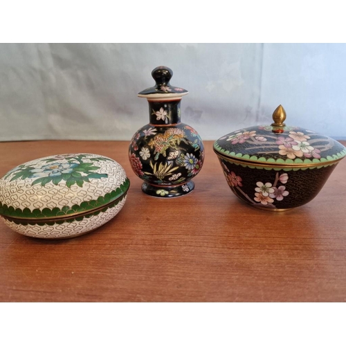 203 - 2 x Decorative Lidded Cloisonne Dishes, Together with Similar Vase with Twist Stopper, (3)