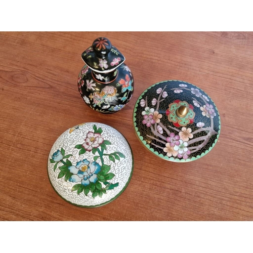 203 - 2 x Decorative Lidded Cloisonne Dishes, Together with Similar Vase with Twist Stopper, (3)