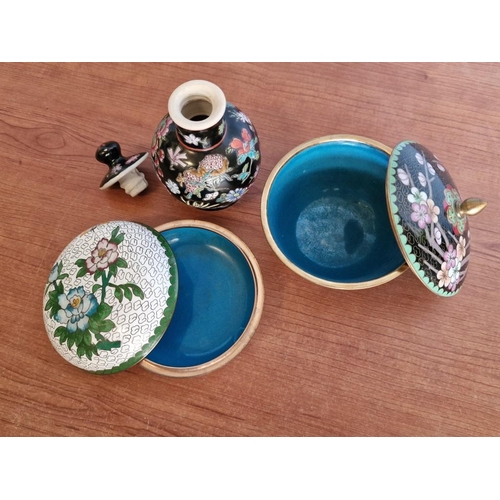 203 - 2 x Decorative Lidded Cloisonne Dishes, Together with Similar Vase with Twist Stopper, (3)