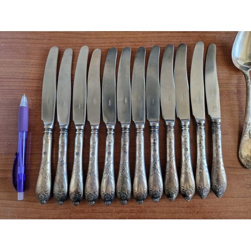 256 - Vintage 84 Piece (12-Place) Decorative Silver Cutlery / Flatware Set, Incl. Twelve of Each: Serving ... 