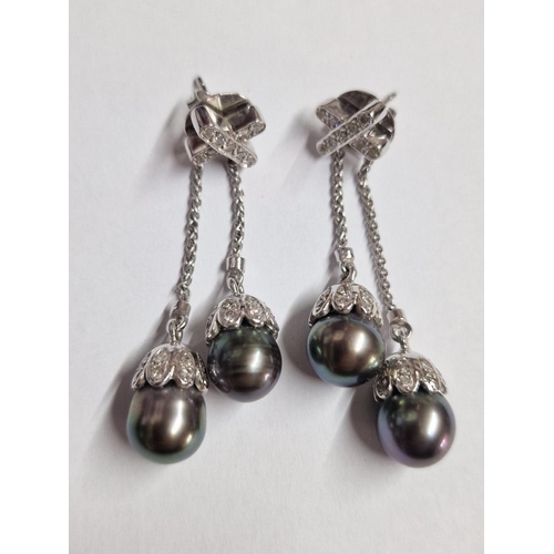 146 - Classy Pair of 18ct White Gold, Diamond and Tahitian Pearl Earrings, (Approx. 18.4g, H: 5cm, Ø: 10mm... 