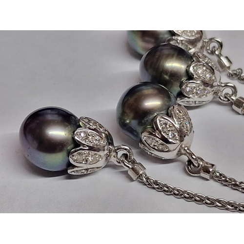 146 - Classy Pair of 18ct White Gold, Diamond and Tahitian Pearl Earrings, (Approx. 18.4g, H: 5cm, Ø: 10mm... 