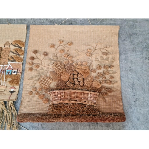 750 - 3 x Handmade / Handwoven Wall Hangings; 2 with Boat Theme, 1 with Basket of Flowers Using Wicker, (3... 