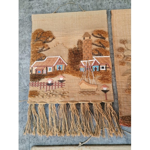 750 - 3 x Handmade / Handwoven Wall Hangings; 2 with Boat Theme, 1 with Basket of Flowers Using Wicker, (3... 