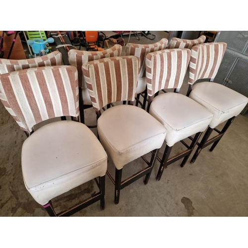 693 - Set of 4 x Bar Stools; Dark Wood Frame / Legs, with Padded Cream Colour Vinyl Seat and Red & Cream S... 