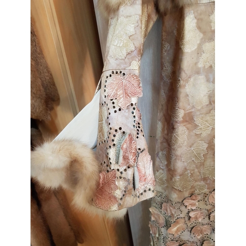 765 - Long Fur Leather Ladies Jacket, Beige Leather Embossed in Leaf Pattern and Decorated with Leather Le... 