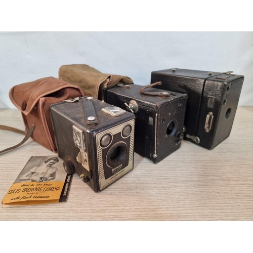 3 - 3 x Vintage Box Cameras, Incl. Kodak Brownie Six-20 Model D with Manual and Case, (3)