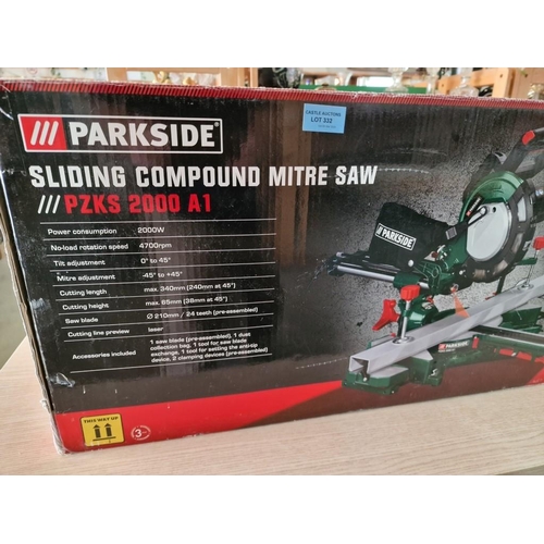 332 - Parkside Sliding Compound Mitre Saw, (Model: PZKS 2000 A1), with Box, Manual and Saw Blade Set