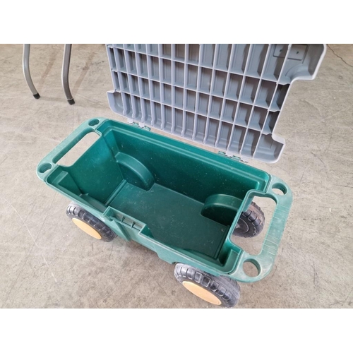 416 - Garden Stool / Tool Box on Wheels with Hinged Seat Lid