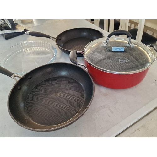 458 - 2 x Frying Pans, Twin Handled Pan with Lid and Glass Dish, (4)