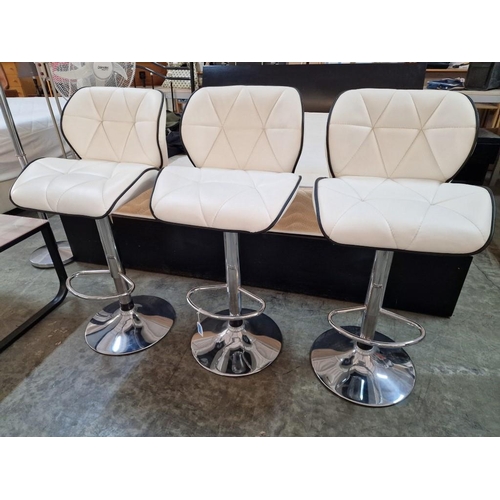 93 - Set of 3 x Modern White Leatherette Bar Stools with Back Rest over Adjustable Height Chrome Base, (3... 