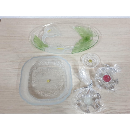 557 - Various Glassware; Coloured Glass Oval Dish (37 x 24cm) Square Cut Glass Dish (24 x 24cm) 2 x Glass ... 