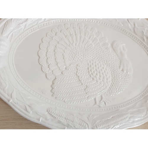 753 - Large White Embossed Ceramic Turkey Platter (50 x 35cm) Made in Portugal