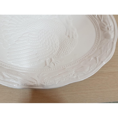 753 - Large White Embossed Ceramic Turkey Platter (50 x 35cm) Made in Portugal