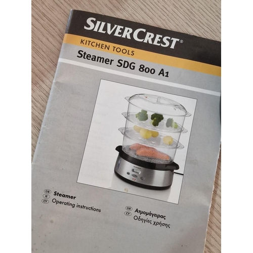 391 - SilverCrest 3-Tier Steamer, Silver Colour, (Model: SDG 800 A1) with Manual