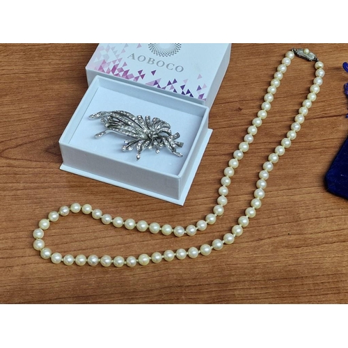 457 - Pearl Necklace, Single Strand Individually Knotted with Decorative White Metal Clasp, Together with ... 