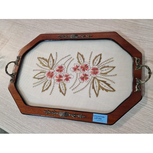 516 - Vintage Tea Tray with Embroidered Base, Wooden Surround, Twin Handles and Metal Decoration