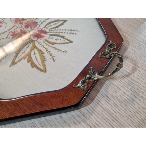 516 - Vintage Tea Tray with Embroidered Base, Wooden Surround, Twin Handles and Metal Decoration